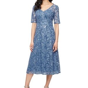 Alex Evenings Dusty Blue Embroidered Lace Midi Dress